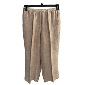 Flax Linen Wide Leg Cropped Pants M Brown Herringbone Boho Resort Coastal Beach